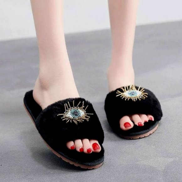 Beaded Evil Eye Slippers - Black - Picture 1 of 1